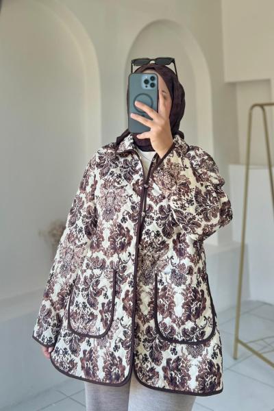 Desenli Kapitone Ceket Kahverengi