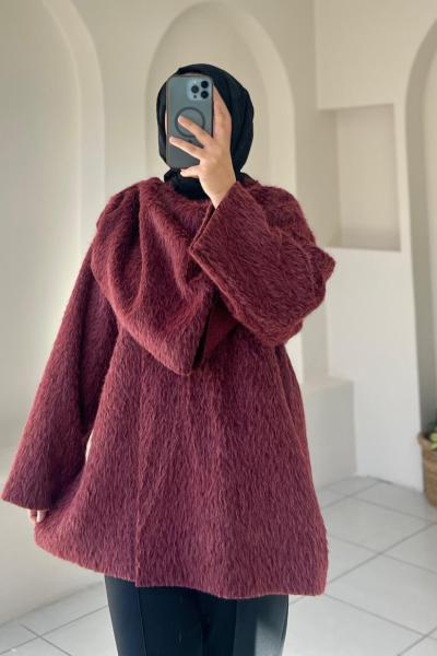 Asimetrik Kesim Pelerin Yaka Kaban Bordo