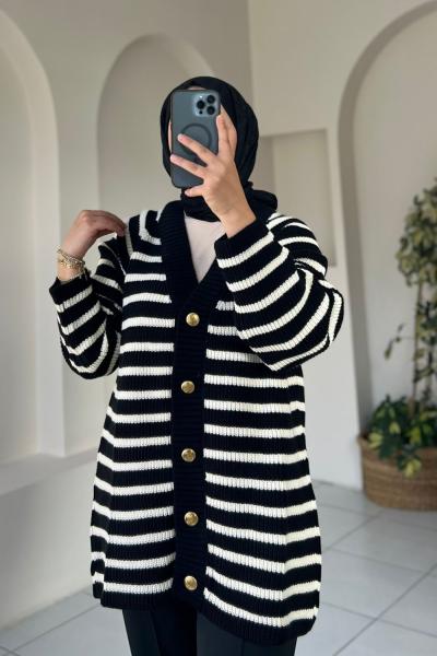 Çizgili Triko Hırka Siyah