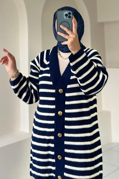 Çizgili Triko Hırka Lacivert