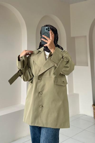 Kısa Trençkot Model Ceket Nude Yeşil