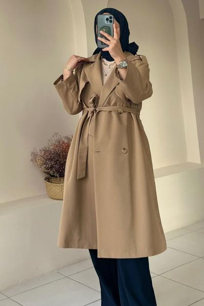 Seyyar Kemerli Astarlı Trençkot Camel
