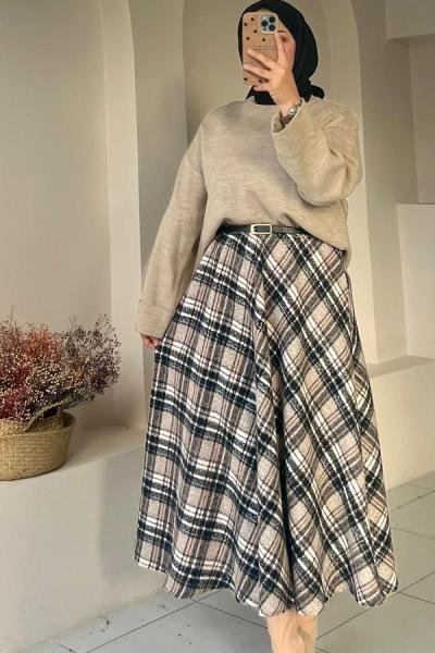 Ekose Kadın Etek Bej