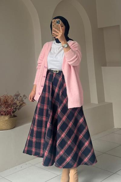 Ekose Kadın Etek Kırmızı