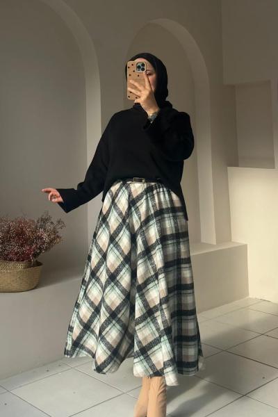 Ekose Kadın Etek Su Yeşili