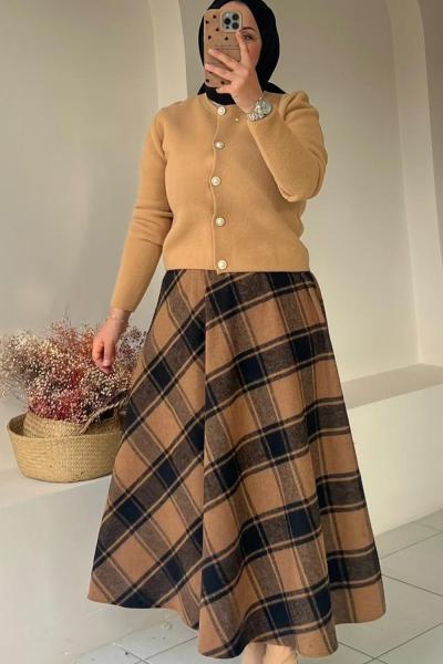 Ekose Kadın Etek Kahverengi