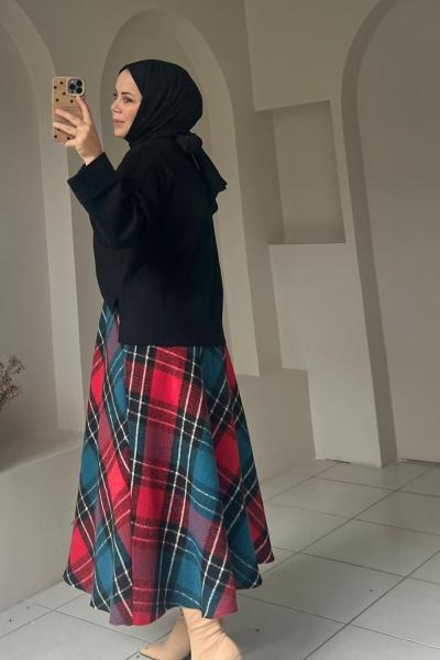 Ekose Kadın Etek Çizgili Mavi