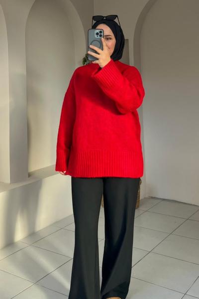 Oversize Triko Kazak Kırmızı