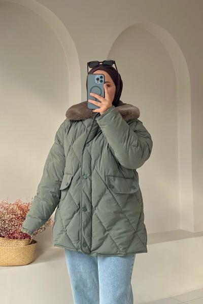 Kürk Yakalı Mont Yeşil