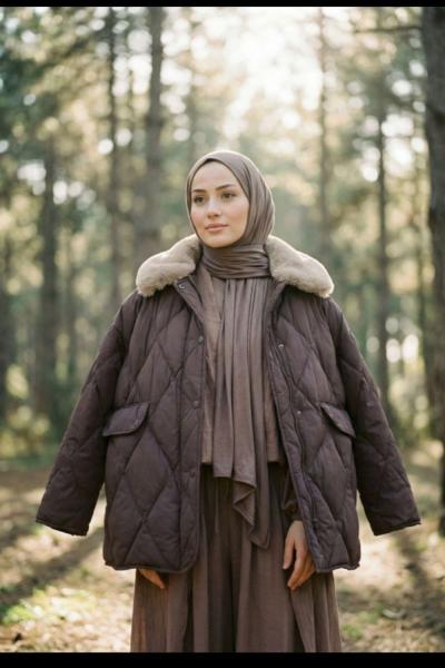 Kürk Yakalı Mont Acı Kahve