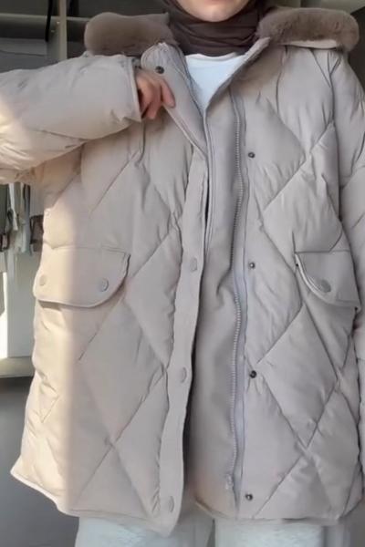 Kürk Yakalı Mont Krem