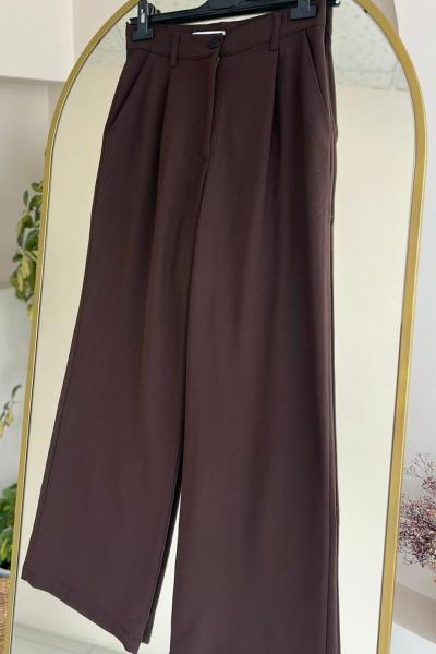 Kadın Cepli Geniş Paça Pantolon Acı Kahve
