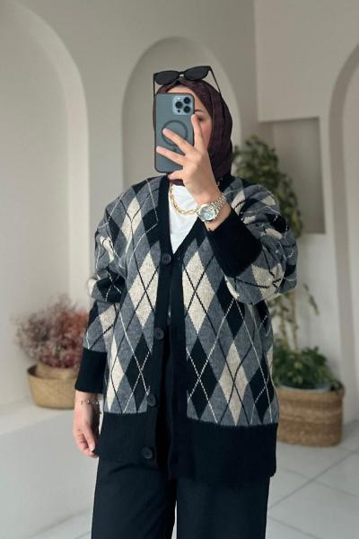 Baklava Desen Triko Hırka Siyah