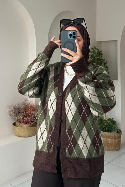 Baklava Desen Triko Hırka Haki