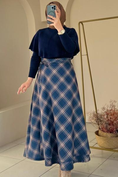 Yandan Bağlamalı Scuba Etek Lacivert