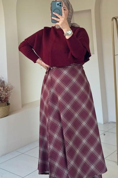 Yandan Bağlamalı Scuba Etek Bordo