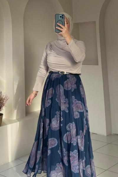 Beli Lastikli Şifon Etek Lacivert