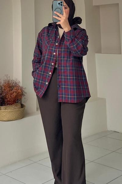 Ekose Cepli Kadın Gömlek Bordo