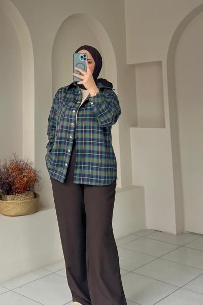 Ekose Cepli Kadın Gömlek Yeşil