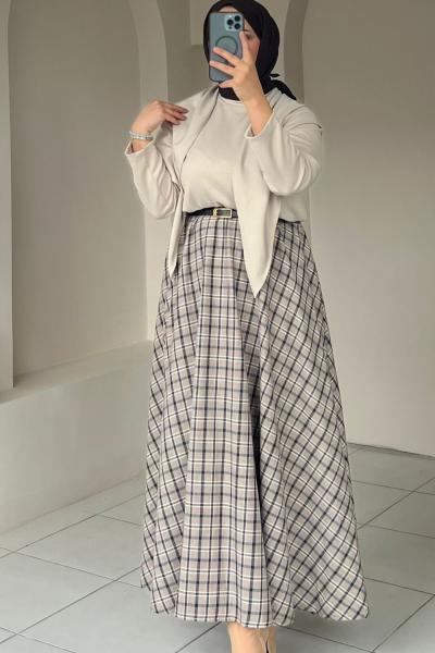 Ekose Desen Kadın Etek Krem