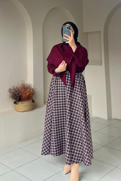 Ekose Desen Kadın Etek Bordo