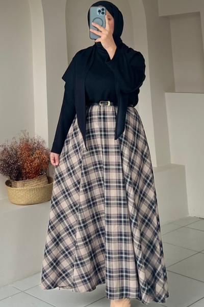 Ekose Desen Kadın Etek Bej