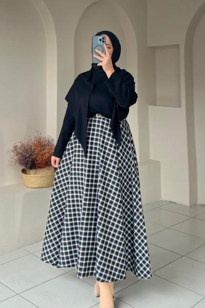 Ekose Desen Kadın Etek Siyah