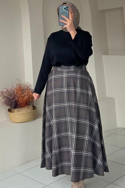 Cep Detaylı Ekose Kadın Etek Kahverengi