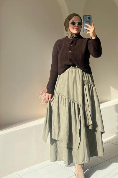 Üç Fırfırlı Astarlı Etek – Rahat - Şık Tasarım Yeşil