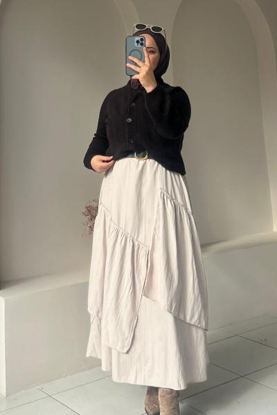 Üç Fırfırlı Astarlı Etek – Rahat - Şık Tasarım Krem