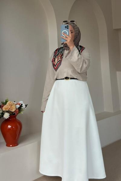 Kadın Etek / Scuba Kumaş Yüksek Bel Etek Beyaz