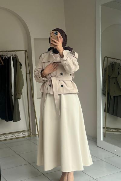Kadın Etek / Scuba Kumaş Yüksek Bel Etek Krem