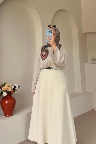 Kadın Etek / Scuba Kumaş Yüksek Bel Etek Krem