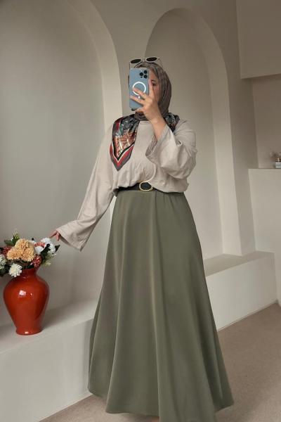 Kadın Etek / Scuba Kumaş Yüksek Bel Etek Yeşil