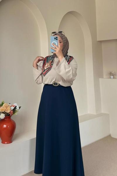 Kadın Etek / Scuba Kumaş Yüksek Bel Etek Lacivert