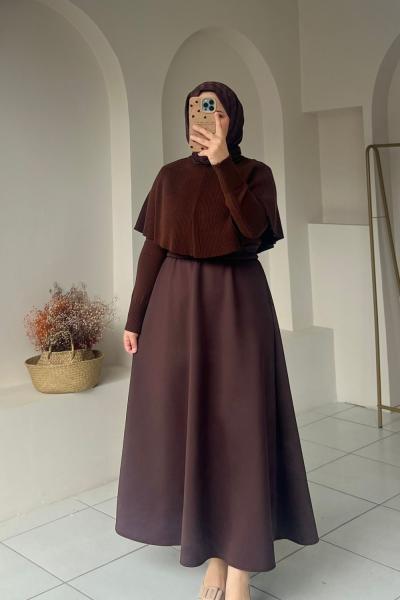 Kadın Etek / Scuba Kumaş Yüksek Bel Etek Kahverengi