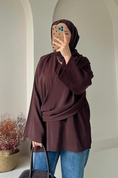 Kadın Şallı Bluz / Yandan Bağlamalı Oversize Bluz Kahverengi
