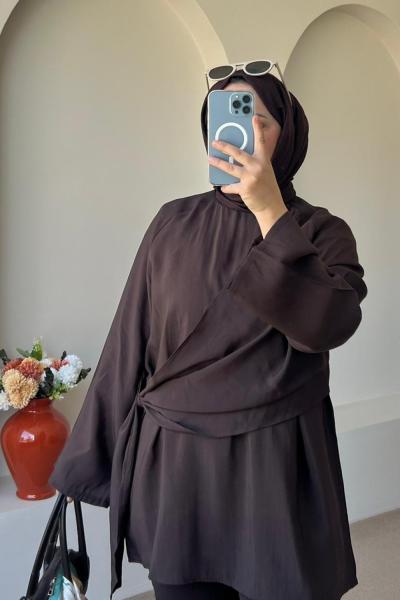 Kadın Şallı Bluz / Yandan Bağlamalı Oversize Bluz Kahverengi