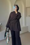 Kadın Şallı Bluz / Yandan Bağlamalı Oversize Bluz Kahverengi