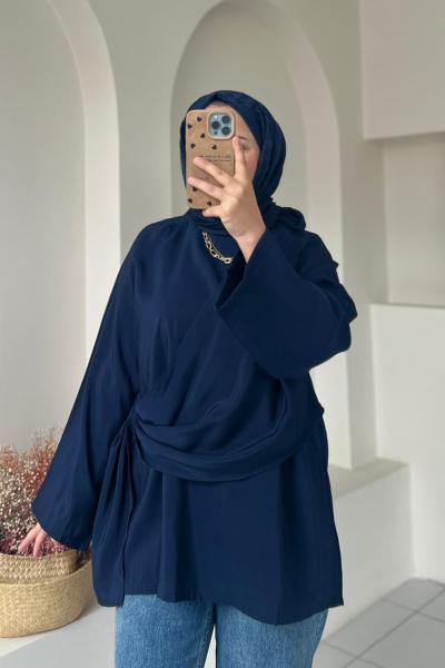 Kadın Şallı Bluz / Yandan Bağlamalı Oversize Bluz Lacivert