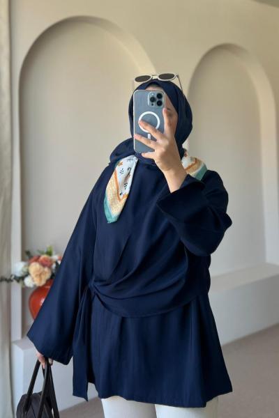 Kadın Şallı Bluz / Yandan Bağlamalı Oversize Bluz Lacivert