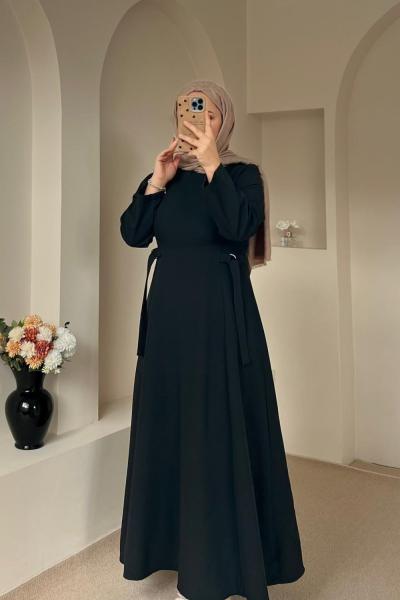 D Toka Detaylı Uzun Elbise Siyah