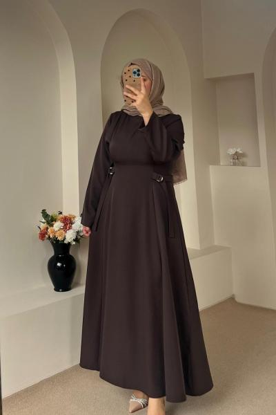 D Toka Detaylı Uzun Elbise Kahverengi