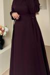 D Toka Detaylı Uzun Elbise Bordo