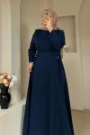 D Toka Detaylı Uzun Elbise Lacivert