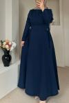 D Toka Detaylı Uzun Elbise Lacivert