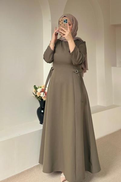 D Toka Detaylı Uzun Elbise Haki