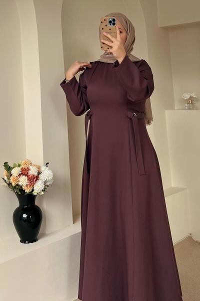 D Toka Detaylı Uzun Elbise Çikolata