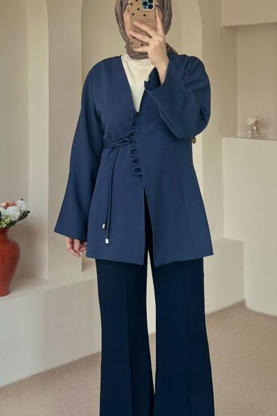 Kadın Bağlama Detaylı Ceket / Astarlı Ceket Mavi