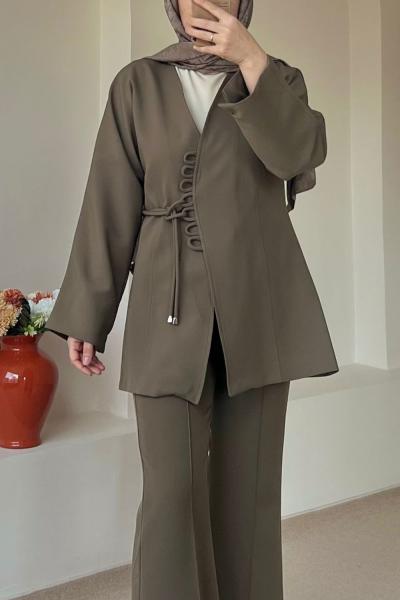 Kadın Bağlama Detaylı Ceket / Astarlı Ceket Haki